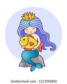 Princess mermaid, sitting on a rock, holding big golden fish. Print for kids, children's, babies clothes and fashion. Colorful illustration.