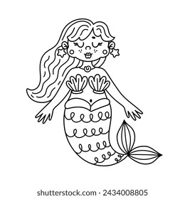 Princess mermaid vector illustration. Cute underwater girl with a fish tail. Beautiful sea fairy with shells, starfish. Hand drawn doodle, coloring book for kids. Black and white clipart for print
