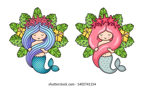 Princess mermaid in a wreath of starfish. Cute cartoon characters. Vector illustration for children's book, print, card, postcard, poster, t-shirt, tattoo.