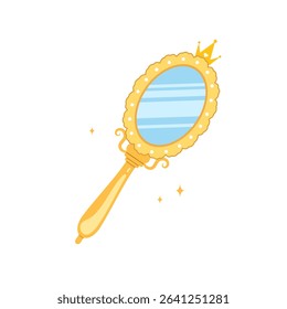 Princess mirror. Baby hand mirror with golden oval frame. Antique party element with crown. Vector illustration in flat cartoon style.