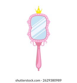 Princess mirror. Baby hand mirror with pink border and gold crown. Handheld Makeup Frame. Vintage Vector illustration in flat cartoon style.