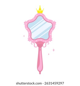 Princess mirror. Baby hand mirror with pink star frame. Antique party element with gold crown. Vector illustration in flat cartoon style.