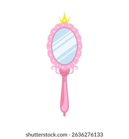 Princess mirror. Baby hand mirror with pink oval frame. Antique party element with gold crown. Vector illustration in flat cartoon style.