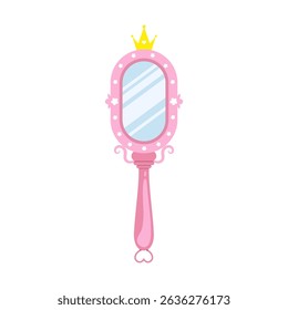 Princess mirror. Baby hand mirror with pink oval frame. Antique party element with gold crown. Vector illustration in flat cartoon style.