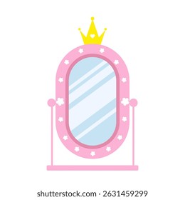 Princess mirror. Elegant floor pink mirror with gold crown. Female antique decoration with cute vintage ornament. Vector illustration in flat cartoon style.