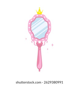 Princess mirror. Elegant handheld pink mirror with gold crown. Female antique decoration with cute vintage ornament. Vector illustration in flat cartoon style.