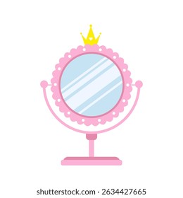 Princess mirror. Elegant table pink mirror with gold crown. Female antique decoration with cute vintage ornament. Vector illustration in flat cartoon style.