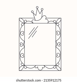 Princess mirror frame with crown or tiara line vector illustration isolated on white background. Fairytale girl's frame and magic decorative border for laser cut. Outline vintage baby queen decor