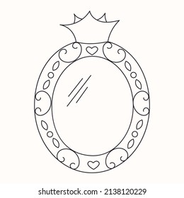 Marco espejo Princesa con ilustración vectorial de línea corona o tiara aislada en fondo blanco. Marco de chica de cuento de hadas y borde decorativo mágico para corte láser. Decoración de la reina de bebé vintage