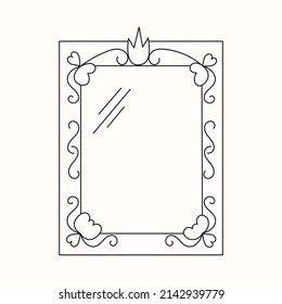 Princess Mirror Frame With Crown Or Tiara Line Vector Illustration Isolated On White Background. Fairytale Girl's Frame And Magic Decorative Border For Laser Cut. Outline Vintage Baby Queen Decor