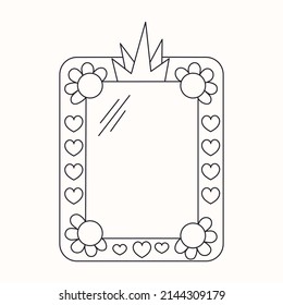 Princess Mirror Frame With Crown Or Tiara Line Vector Illustration Isolated On White Background. Fairytale Girl's Frame And Magic Decorative Border For Laser Cut. Outline Vintage Baby Queen Decor