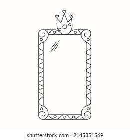 Princess Mirror Frame With Crown Or Tiara Line Vector Illustration Isolated On White Background. Fairytale Girl's Frame And Magic Decorative Border For Laser Cut. Outline Vintage Baby Queen Decor