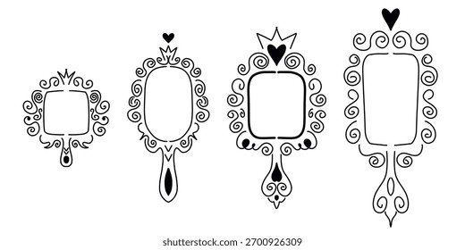Conjunto de marco de espejo de princesa. Espejo de princesa con marco Doodle dibujado a mano. Foto de frontera linda decoración de la reina del bebé. Ilustración vectorial común aislada en el fondo blanco.