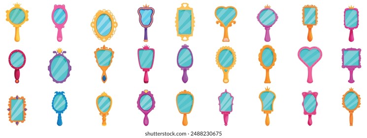 Princess mirror icons set. Collection of princess hand mirrors with ornate gold and jewel decorations reflecting light