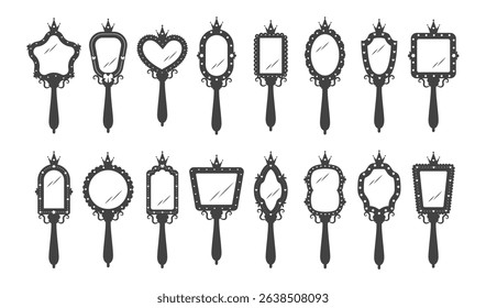 Princess mirror. Set of Baby hand mirror with different black borders. Antique party elements with crowns. Vector illustration in flat cartoon style.