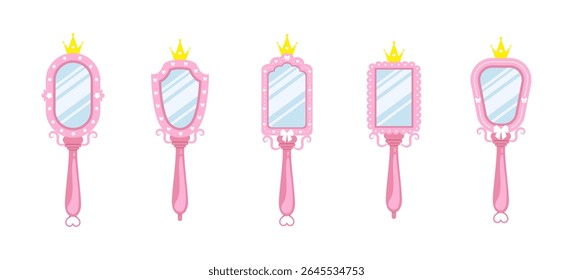 Princess mirror. Set of Baby hand mirrors with pink different borders and gold crowns. Handheld Makeup Frame. Vintage Vector illustration in flat cartoon style.