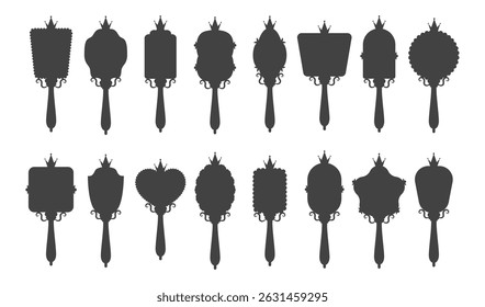 Princess mirror. Set of black mirrors silhouette with crowns. Cute vintage element for birthday party decoration. Vector illustration in flat cartoon style.