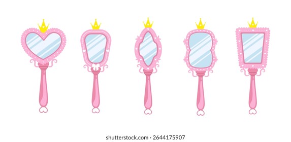 Princess mirror. Set of Cute vintage elements for birthday party decoration. Hand drawn Vector illustration in cartoon style.