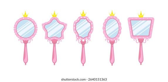 Princess mirror. Set of Elegant handheld pink mirrors with golden crowns. Female antique decoration with cute vintage ornament. Vector illustration in flat cartoon style.