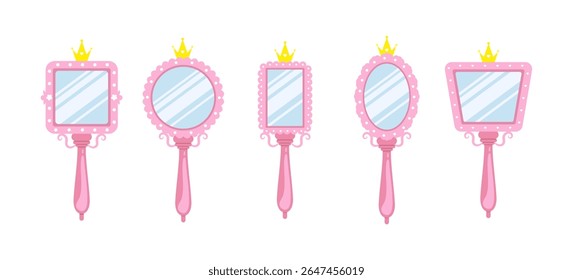 Princess mirror. Set of Elegant pink handheld mirrors with gold crowns. Beauty tale. Teen and child girl self care accessory. Vector illustration in flat cartoon style.