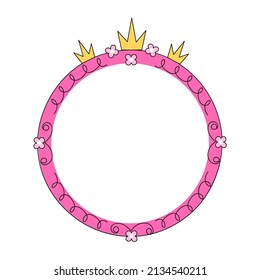 Princess Mirror In Shape Of Circle With Crown And Flowers. Pink Frame For Girls