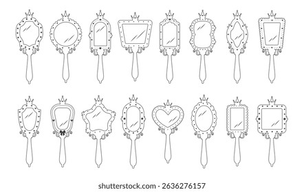 Princess mirror silhouette. Set of vintage outline elements for birthday party decoration. Hand drawn Vector illustration in cartoon style.