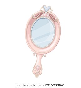 Princess mirror vector illustration. Cartoon isolated oval handheld mirror with handle for hand, glass and jewelry gems on pink frame, female antique decoration with treasure vintage ornament