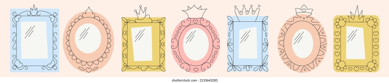 Princess mirrors with crown or tiara line vector illustration set. Fairytale frames and magic decorative borders collection for girls. Cartoon baby queen decor. Vintage child royal isolated element