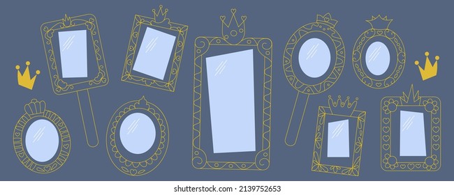 Princess mirrors with crown or tiara line vector illustration set. Fairytale frames and magic decorative borders collection for girls. Outline baby queen decor. Vintage royal element for laser cut