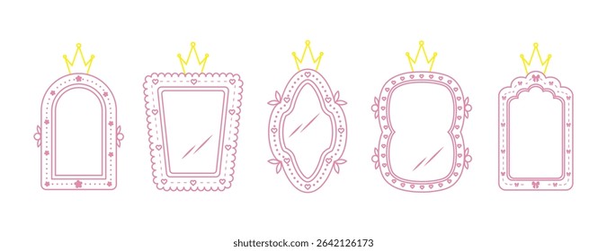 Princess mirrors and frames. Different shapes for invitation, postcards and flyers. Cute vintage element for birthday party decoration. Vector illustration in flat cartoon style.