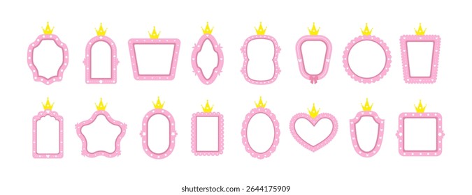 Princess mirrors and frames. Different shapes for invitation, postcards and flyers. Cute vintage element for birthday party decoration. Vector illustration in flat cartoon style.