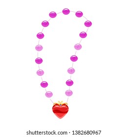 Princess necklace, pearls, heart-shaped pendant, precious stones. Vector, illustration, cartoon style, isolated