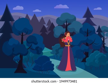 Princess in night scary forest woods vector illustration. Cartoon fairy tale scenery with crying beautiful princess girl in rich medieval clothes, waiting for knight savior, fairytale story background