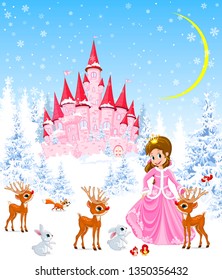 Princess on the background of a pink castle. Winter forest. Little deer, bunnies and birds. Winter night. Snowflakes and snow.