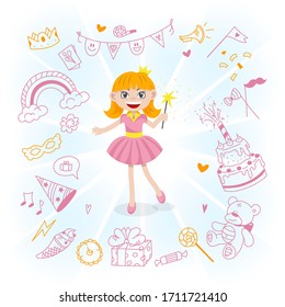 Princess on a birthday with a magic wand. Celebration, joy, objects for celebration.