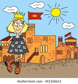 Princess on a castle background, drawing cartoon