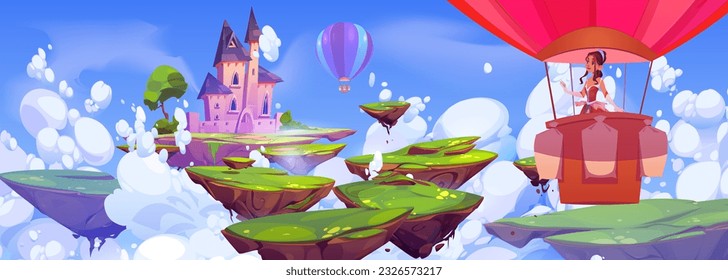 Princesa en globo aerostático volando hasta el fondo mágico de la caricatura del castillo. Hermoso palacio de reina de fantasía y escena de personajes femeninos. El camino de la isla de roca flotante para saltar en el cielo al fondo del juego de mansión