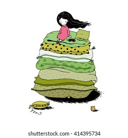 Princess on the Pea. Blankets and pillows. Hand drawing isolated objects on white background. Vector illustration. 