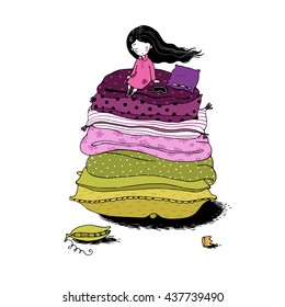 Princess on the Pea. Blankets and pillows. Hand drawing isolated objects on white background. Vector illustration. 