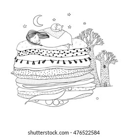 Princess on the Pea. Blankets and pillows. Hand drawing isolated objects on white background. Vector illustration. Coloring book. night landscape