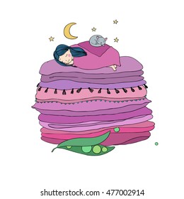 Princess on the Pea. Blankets and pillows. Hand drawing isolated objects on white background. Vector illustration. Coloring book. night landscape