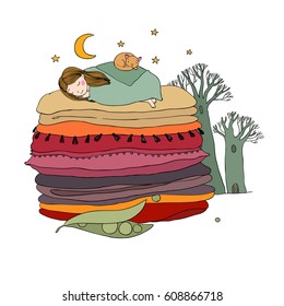 Princess on the Pea. Blankets and pillows. isolated objects on white background. Vector illustration. night landscape