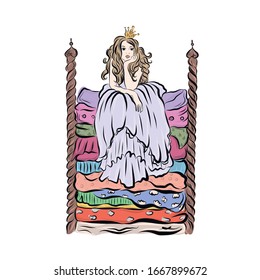 Princess on the Pea. Girl in crown sits on mattresses in bed. Fairy book illustration. 