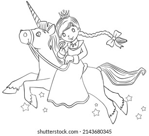 Princesa de una Unicornio. Elemento para colorear página. Estilo de caricatura.