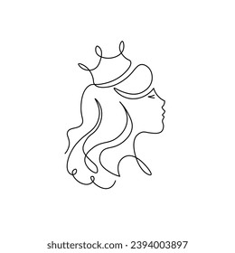 Princess in one line. Profile of a beautiful girl with a crown drawn in a continuous line. A stroke of the pen. Linear style, graphics, minimalistic sketch drawn carelessly.