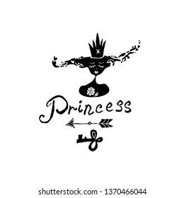 Princess. Original vector logo. Hand drawn inscription and stylized portrait of a beautiful sleeping princess in a big crown. Black pattern for an unusual design.