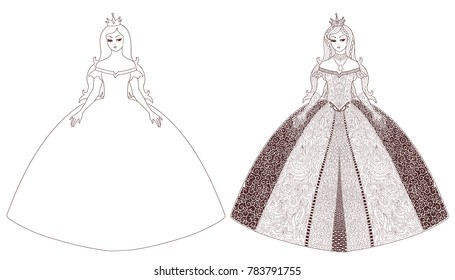 Princess page for coloring book. Decorative doodle and line girl isolated on white.