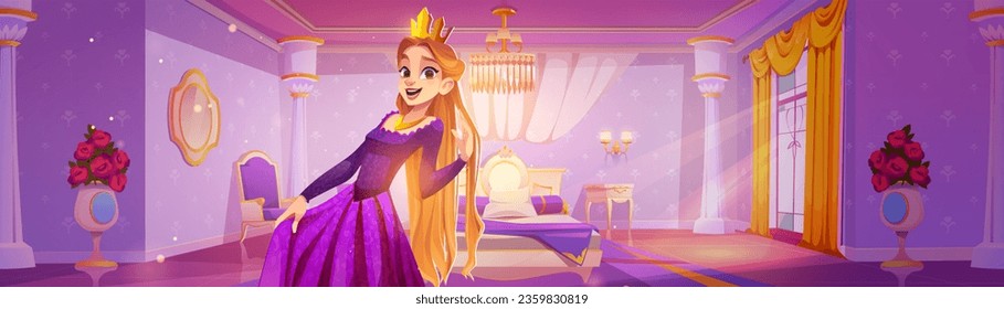 Princess in palace purple bedroom cartoon interior. Medieval castle room for girl with bed, mirror, gold curtain on window and roses flower. Baroque female luxury home apartment illustration