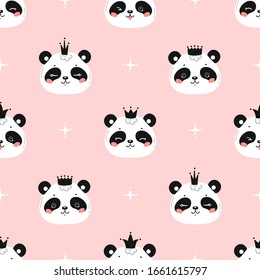 Princess Pandas. Cute Little Baby Panda Bear Face with Crown Seamless Pattern. Black and White Chinese or Bamboo Bear Face. Kawaii Animal Heads Childish Vector Background for Kids Fashion Design