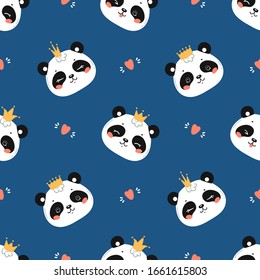 Princess Pandas. Cute Little Baby Panda Bear Face with Crown and Hearts Seamless Pattern. Black and White Chinese or Bamboo Bear Face. Kawaii Animal Heads Childish Vector Background for Kids Fashion